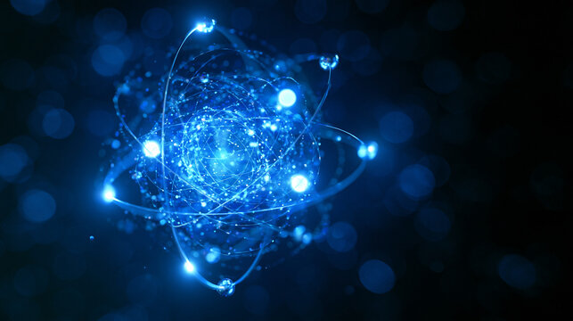 Abstract glowing atom structure with orbiting electrons against a dark blue background. Science and technology concept.