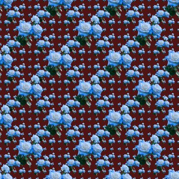 Seamless Blue Rose Floral Pattern on Dark Red Background