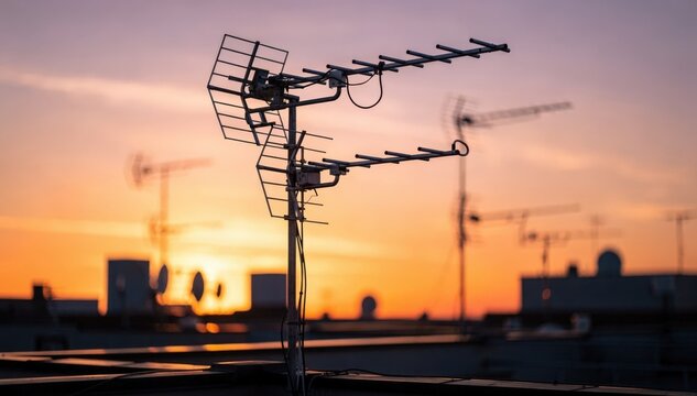 Medium shot emphasizing one rooftop broadcast antenna in clear focus with a softfocus cluster of antennas behind it illuminated by the warm glow of sunset.
