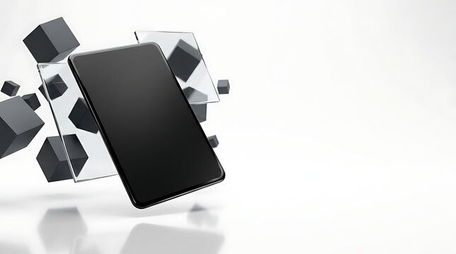 Floating smartphone with shattered screen protector and cubes