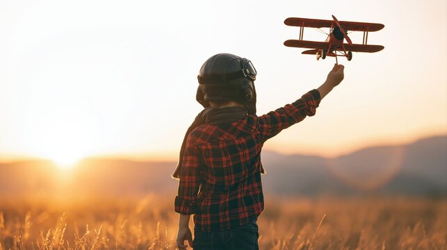 Child and kid playing as a pilot with a toy airplane in a field at golden sunset