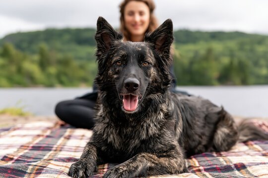 Dog portrait of a happy brindle dutch shepherd canine pet resting outdoors