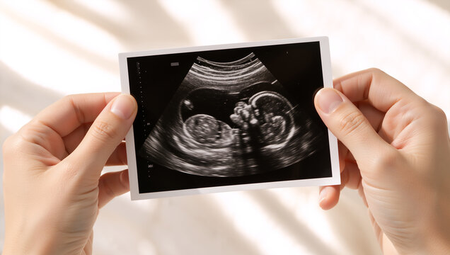 Close up of hands holding a baby ultrasound scan. Expecting parents holding a sonogram photo of a fetus. Prenatal healthcare concept