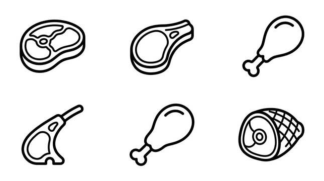 Meat and Poultry Line Icon Set for Butchery and BBQ