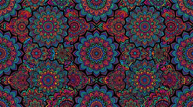 Colorful seamless mandala pattern with intricate floral details