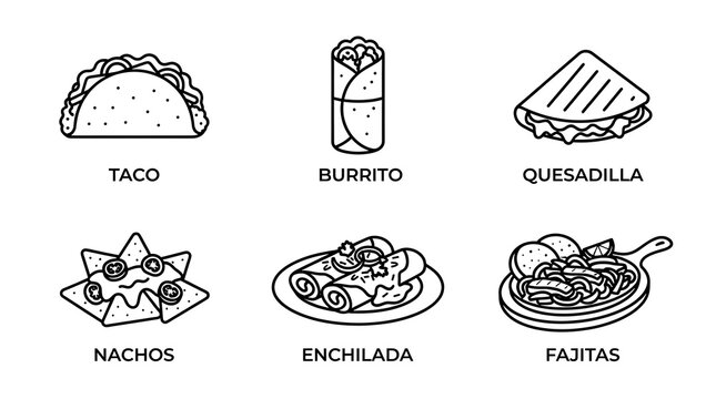 Mexican Food Icons Set with Taco and Burrito Outline