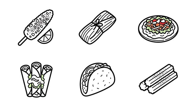 Mexican street food vector icons set with taco tamale and elote