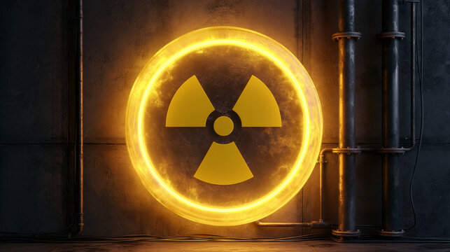 A glowing yellow radiation symbol set against dark industrial pipes. This design represents nuclear energy and hazard.