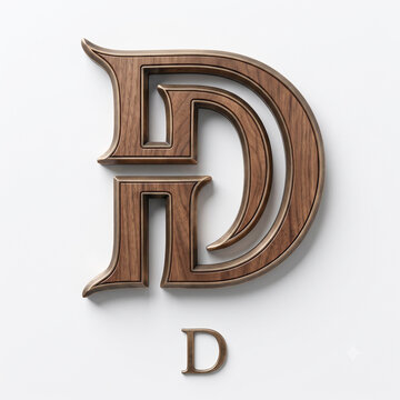 Luxury 3D Bronze Letter D Monogram Logo with Wooden Inlay Texture, Classic Vintage Gothic Interlocking Letter D Typography Icon, Antique Metallic Carved Initial Isolated on White Background