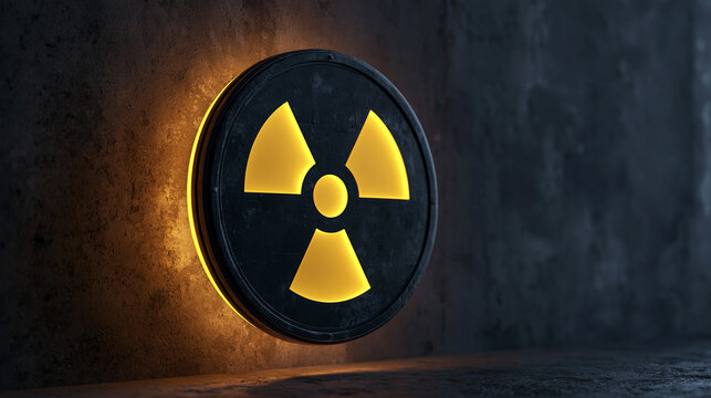 A glowing radioactive hazard sign mounted on a dark industrial concrete wall. Symbol for nuclear energy and safety.