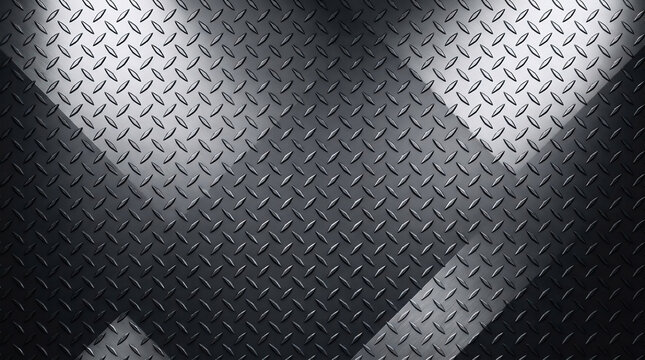 Diamond plate steel texture with diagonal light reflections is a versatile metallic industrial background suitable for construction and engineering projects.