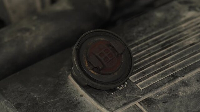 Dirty engine oil filler cap removed and placed on motor.