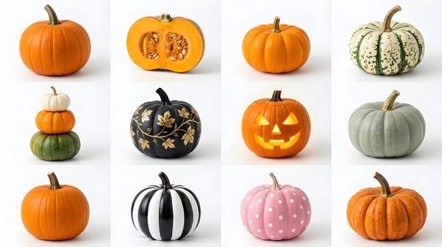Collection of various decorative pumpkins isolated on white background