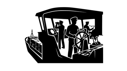 Black and White Graphic Illustration of Ship Crew in Wheelhouse © siti sariyati