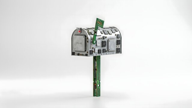 Futuristic curbside mailbox made of microelectronics on white background &ndash; Ideal for cloud messaging, post office innovation, or smart home receiving.
