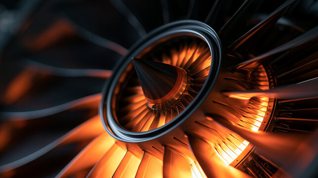 A glowing jet turbine engine spins with intense heat. Concept for advanced aviation technology and high speed.