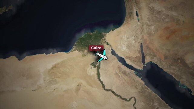 Cairo to Jeddah Airplane Flight Path Animation on Satellite Map Background