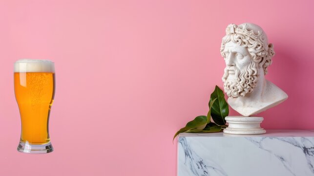 Beer Glass Next to Ancient Marble Statue of a Greek God Against Pink Background with Decorative Leaves