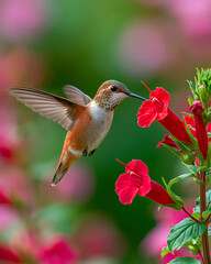 Fototapeta premium Red Blooming Flower and Colorful Hummingbird in Garden: A Closeup Wildlife Photography of Nature's Pollinator