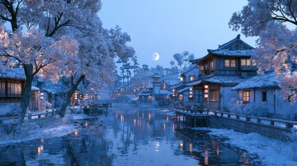 Obraz premium Snowy Moonlit Chinese Water Town with Paper Lanterns, Frosted Trees and Stone Bridge