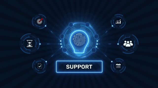 Customer support service and technical assistance system graphic loop with glowing biometric fingerprint icon on dark technology background asset
