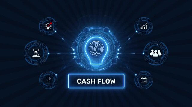 Financial cash flow management and corporate liquidity analysis graphic loop with glowing biometric fingerprint icon on dark technology background