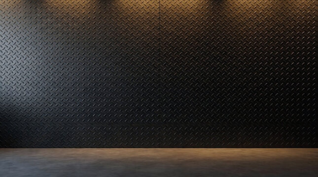 Dimond plate textured metal wall background in a dark industrial interior setting with soft dramatic overhead lighting and a smooth concrete floor surface