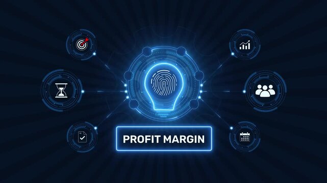 Financial profit margin analysis and business revenue growth graphic loop with glowing biometric fingerprint icon on dark technology background