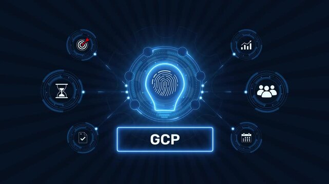 Google cloud platform gcp infrastructure and cloud computing graphic loop with glowing biometric fingerprint icon on dark technology background