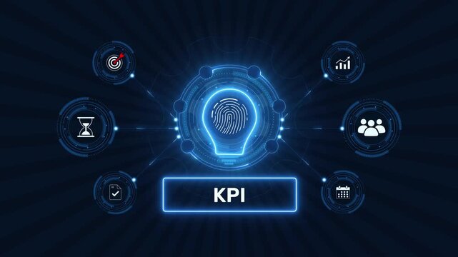 Key performance indicator kpi business analytics and goal tracking graphic loop with glowing biometric fingerprint icon on dark technology background