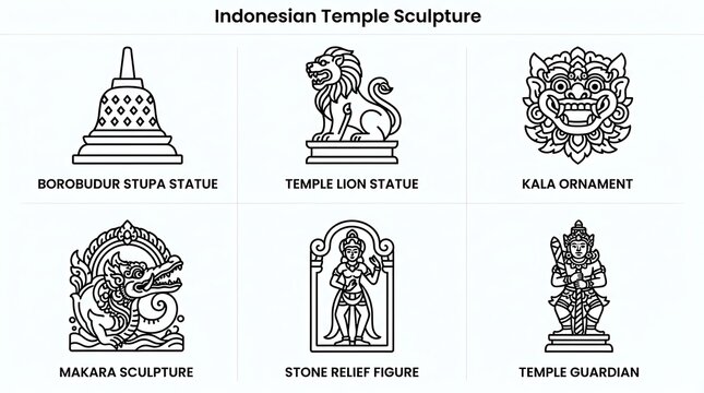 Indonesian Temple Sculpture Line Art Icon Set