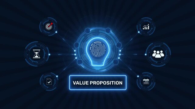 Business value proposition marketing strategy and brand benefit graphic loop with glowing biometric fingerprint icon on dark technology background