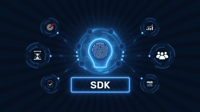 Software development kit sdk programming tools and API integration graphic loop with glowing biometric fingerprint icon on dark background asset