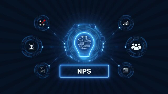 Net promoter score nps customer satisfaction survey graphic loop with glowing biometric fingerprint icon on dark technology background asset