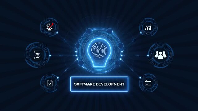 Software development lifecycle and IT engineering process graphic loop with glowing biometric fingerprint icon on dark technology background asset