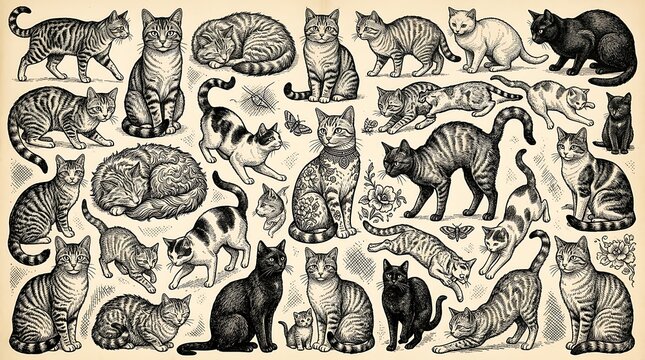 Vintage style collection of diverse cat illustrations on aged paper