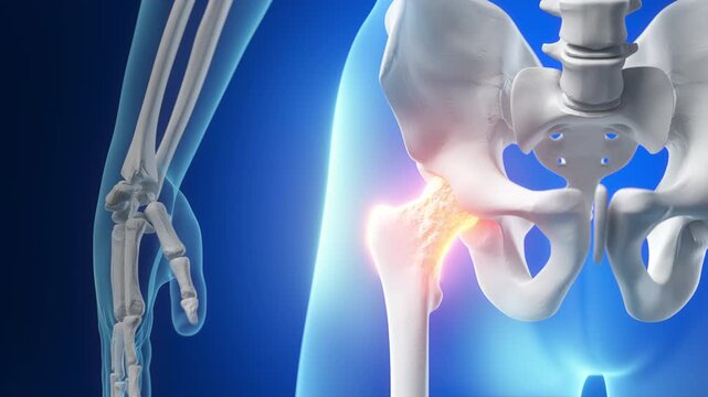 3D animation of a human skeleton anatomy with a red glowing pain effect on the hip joint. Medical visualization of hip pain, injury, arthritis, and pelvic inflammation.