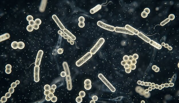 Microscopic 3D Illustration of Rod-Shaped Bacillus and Spherical Coccus Bacteria on Dark Background, Medical Microbiology Concept