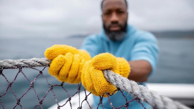 Tracking shot of bearded fisherman pulling rope on boat deck with yellow gloves in overcast ocean daytime