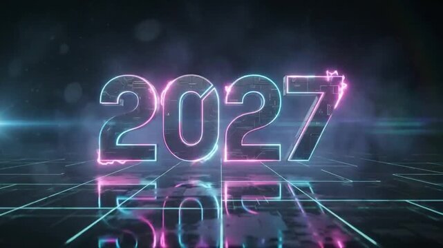 Futuristic neon numbers glowing in a dark high tech digital environment with environment laser lights