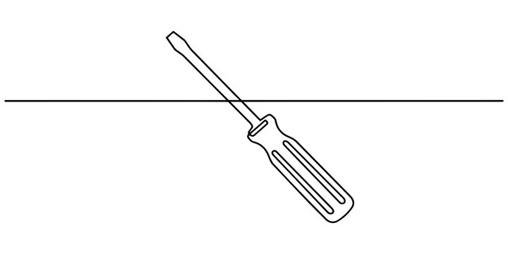 Simple Line Drawing of a Screwdriver on White Background, Black and white line drawing of a Phillips screwdriver with a textured handle and pointed tip. The illustration is simple, conveying utility 