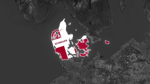 Denmark Map Highlight with Glowing Outline on Grayscale World Satellite Map