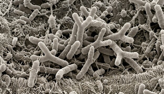 High magnification SEM scanning electron microscope style 3D illustration of Y-shaped bifidobacteria and bacilli bacteria cluster on biological surface, medical science visualization
