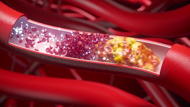 3D animation of medicine particles flowing into a cholesterol-clogged blood vessel, dissolving the plaque and restoring normal blood circulation. Medical concept for heart health.