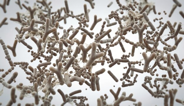 Microscopic view of mixed bacterial species: Y-shaped bifidobacteria and cocci with fibrous biofilm in a scientific illustration