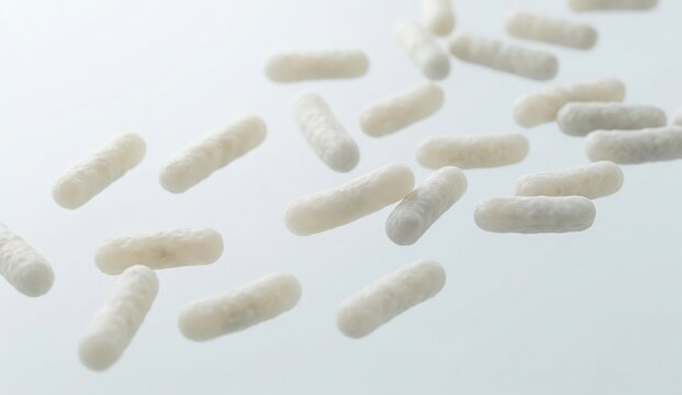 White Rod-Shaped Microorganisms and Beneficial Bacilli Bacteria on Bright Background 3D Rendering