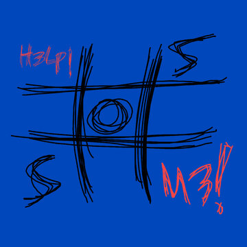 Tic Tac Toe SOS Emergency Call Handwritten Scribble Doodle Illustration with Help Me Text
