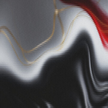 Granular dark grey flowing to bright horizontal white waves, subtly woven with fine golden lines and a jagged crimson digital streak, ideal for
