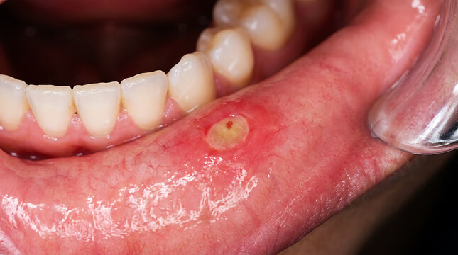 Close-up of mouth ulcer on inner lip mucosa