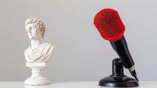 A Classical Marble Bust Alongside a Modern Red Microphone on a Minimalist Surface